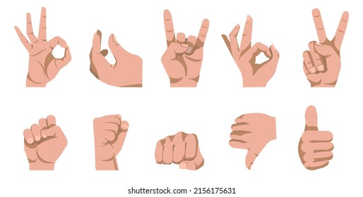 Gesturing and communication in non verbal way. Isolated hands showing peace sign, clenching fist and raising arm. Thumb up satisfactory and approval symbol, rock n roll, disapproval. Vector in flat