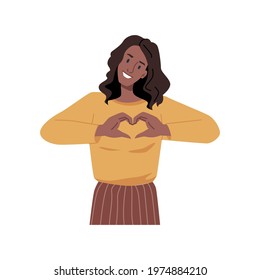 Gesturing female character showing heart shape with hands, isolated young girl. Lovely young woman expressing love and devotion, deep feelings. Posing smiling lady. Vector in flat cartoon style