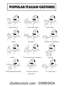 Gesturing funny cartoon bold man with mustaches. Set of gestures and humoristic explanations below.