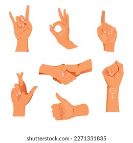 Gesturing hand set. Hand with counting gestures sign. Interactive communication set	