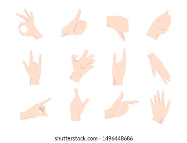 Gesturing hands. Hand with counting gestures, forefinger sign. Open arm showing signal and handshake. Vector design elements for infographic, web, internet, presentation.