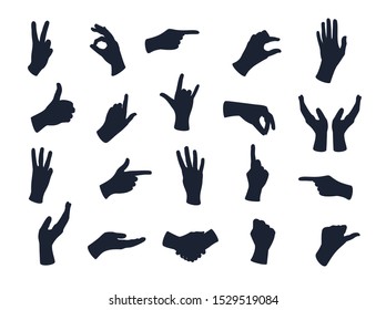 Gesturing hands. Hand with counting gestures, forefinger sign. Open arm showing signal and handshake, interactive communication set