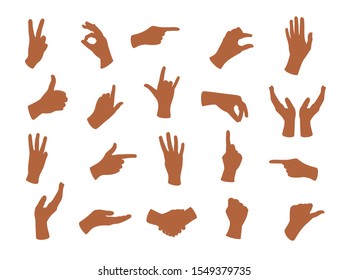 Gesturing hands. Hand with counting gestures, forefinger sign. Open arm showing signal and handshake, interactive communication set