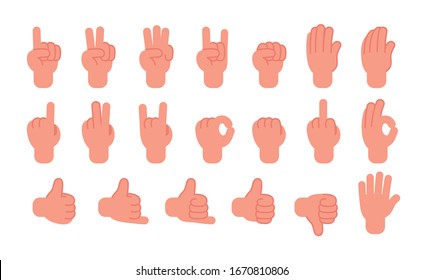 Gesturing hands. Hand with counting gestures, forefinger sign. Open arm showing signal and handshake. Flat style vector illustration isolated on white background.