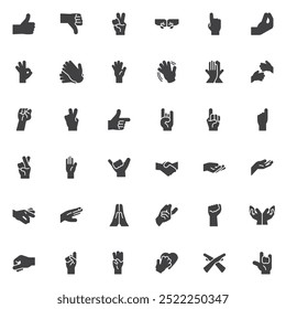 Mãos gestantes conjunto de ícones vetoriais, coleção de símbolos sólidos modernos preenchido estilo pictograma pacote. Ilustração do logotipo de sinais. Set inclui ícones como Thumbs Up, Peace Sign, Fist Bump, Handshake, Finger Crossed