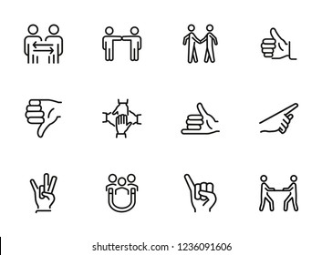 Gesturing line icon set. Handshake, like, thumb down. Body language concept. Can be used for topics like dealing, customer feedback, communication