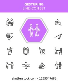 Gesturing line icon set. Handshake, like, thumb down. Body language concept. Can be used for topics like dealing, customer feedback, communication