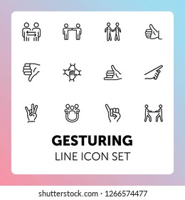 Gesturing line icon set. Handshake, like, thumb down. Body language concept. Can be used for topics like dealing, customer feedback, communication