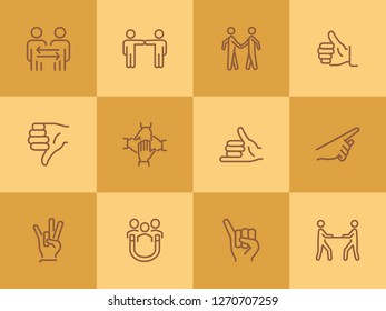 Gesturing line icon set. Handshake, like, thumb down. Body language concept. Can be used for topics like dealing, customer feedback, communication svg