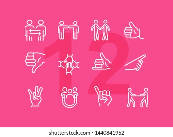 Gesturing line icon set. Handshake, like, thumb down. Body language concept. Can be used for topics like dealing, customer feedback, communication