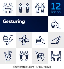 Gesturing line icon set. Handshake, like, thumb down. Body language concept. Can be used for topics like dealing, customer feedback, communication svg
