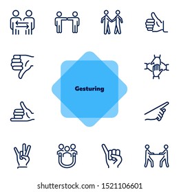 Gesturing line icon set. Handshake, like, thumb down. Body language concept. Can be used for topics like dealing, customer feedback, communication