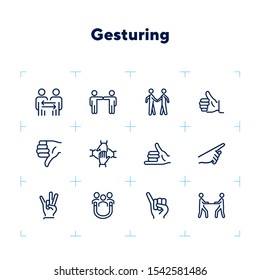 Gesturing line icon set. Handshake, like, thumb down. Body language concept. Can be used for topics like dealing, customer feedback, communication