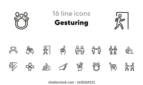 Juego de iconos de línea de ajuste. Agitación, como, pulgar abajo. Concepto de lenguaje corporal. Puede utilizarse para temas como operaciones, comentarios de clientes, comunicación