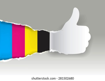 Gesturing paper hand with print colors.
Paper silhouette Gesturing  thumbs up with print colors. Concept for presenting of color printing. Vector illustration.
