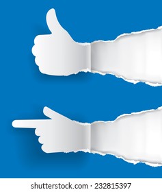 Gesturing paper hands.  Paper silhouette Gesturing  thumbs up and pointing direction on the ripping blue paper background with place for your text or image. Vector illustration. 
