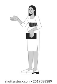 Presentadora gestiva mujer en elegante vestido blanco y negro personaje de línea 2D. Persona aislada del contorno del Vector del anfitrión de la televisión femenina del Medio Oriente. Ancla sosteniendo la tableta. Ilustración de punto monocromático