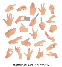 Gesturing. Set of hands in different gestures , hand showing signal or sign collection, on white background isolated vector illustration