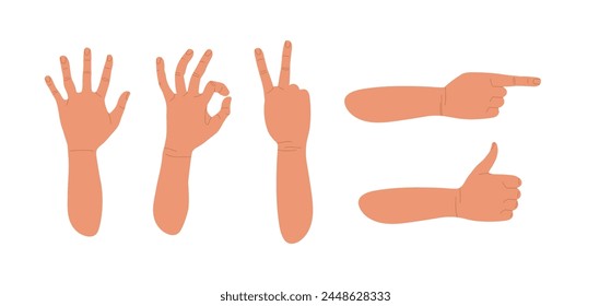 Gesturing. Set of hands in different gestures. Various hand signs. Human hands show signs. Vector flat illustration of hands in various situations isolated on white