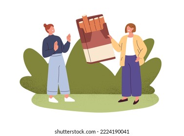 Gesturing stop with hand, saying no to cigarette offer. Tobacco-addicted smoker and person quitting smoking, refusing, rejecting, avoiding cigars. Flat vector illustration isolated on white background