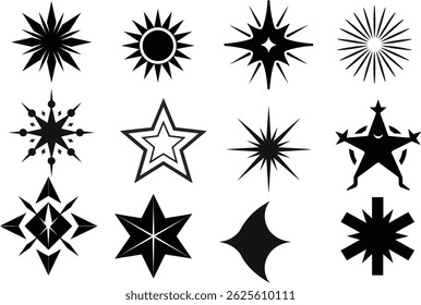Get 12 vector sparkling stars in Y2K style. Includes twinkles, light flashes, bursts, and abstract geometric shapes. Ideal for retro designs, digital art, stickers, and visual projects.