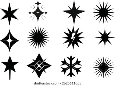 Get 12 vector sparkling stars in Y2K style. Includes twinkles, light flashes, bursts, and abstract geometric shapes. Ideal for retro designs, digital art, stickers, and visual projects.