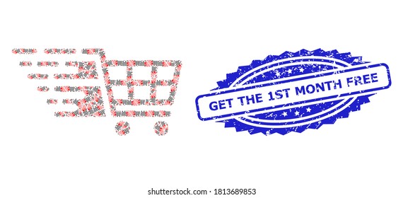 Get the 1St Month Free rubber stamp seal and vector recursive mosaic supermarket cart. Blue stamp includes Get the 1St Month Free text inside rosette.