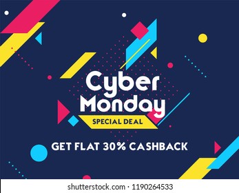 Get 30% cashback on Cyber Monday Sale. Advertising poster or banner design with abstract elements on blue background.