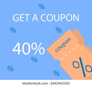obtener un 40% de Cupón con texto sobre un fondo azul,