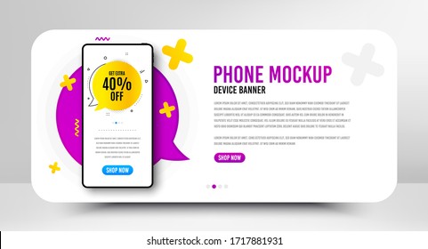 Get 40% off bubble. Phone screen mockup banner. Discount banner shape. Sale badge icon. Social media banner with smartphone screen. Shopping mockup web template. Sale bubble promotion. Vector