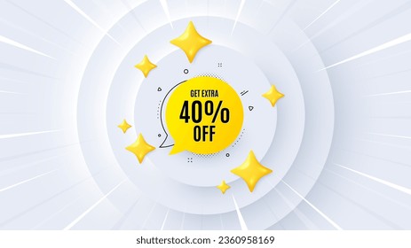 Get 40 percent off bubble banner. Neumorphic offer 3d banner, coupon. Discount sticker shape. Sale badge icon. Sale bubble promo event background. Sunburst banner, flyer or poster. Vector