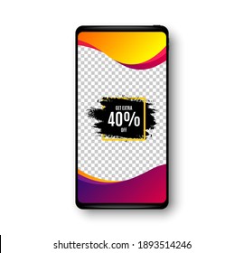 Obtén el 40% de la pancarta de pincel. Cartel vectorial de paro telefónico. Descuento del marco cuadrado. Icono de etiqueta de venta. Plantilla de publicación de historia social. Insignia del marco de venta. Marco de teléfono celular. Fondo moderno. Vector
