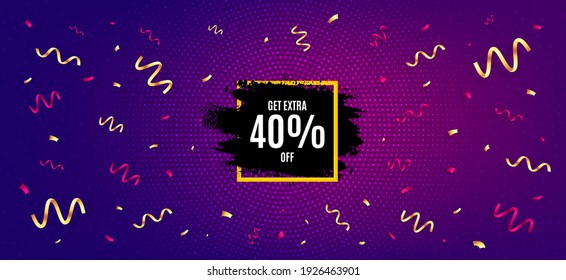 Get 40 percent off paint brush banner. Festive confetti background with offer message. Discount square frame. Sale tag icon. Best advertising confetti banner. Sale frame badge shape. Vector