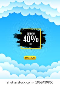 Get 40 percent off paint brush banner. Cloud sky background with offer message. Discount square frame. Sale tag icon. Best advertising cloud banner. Sale frame badge. Blue sky background. Vector