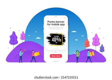 Get 40 percent off paint brush banner. Phone ui interface banner. Discount square frame. Sale tag icon. Mobile smartphone promo banner. Sale frame tag. Man with gift box. Vector