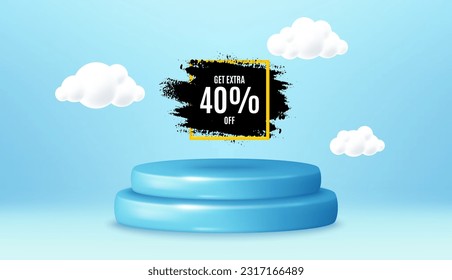 Get 40 percent off paint brush banner. Winner podium 3d base. Product offer pedestal. Discount square frame. Sale tag icon. Sale frame promotion message. Background with 3d clouds. Vector