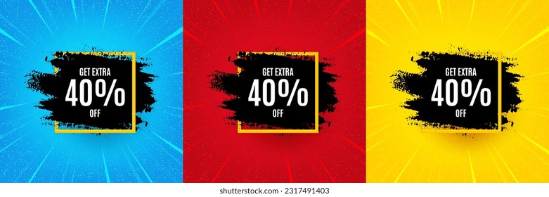 Sichern Sie sich 40 % Rabatt auf Farbpinselbanner. Sunburst bietet Banner, Flyer oder Poster an. Quadrat-Rahmen absetzen. Verkaufs-Tag-Symbol. Verkaufsrahmen für Event-Banner. Starburst Pop Art Coupon. Sonderangebot. Vektorgrafik