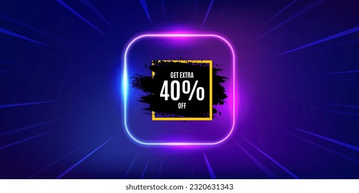 Get 40 percent off paint brush banner. Neon light frame offer banner. Discount square frame. Sale tag icon. Sale frame promo event flyer, poster. Sunburst neon coupon. Flash special deal. Vector