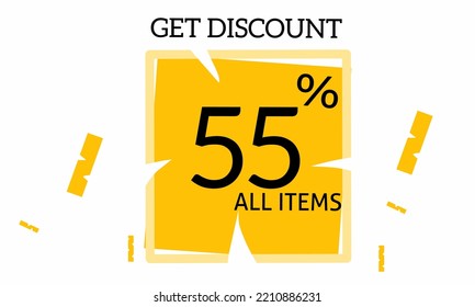 Get 55% Discount on all items. Discount offer price sign. Special offer symbol. Save 55 percent. Speech square tags. Trendy graphic design elements. Vector
