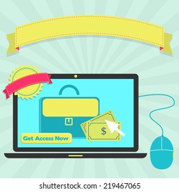 Get access to business through laptop. Access to online business platform through laptop. Colorful artwork. Blank ribbon and stamp for insert text.