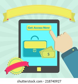 Get access to business through tablet. Access to online business platform through tablet. Colorful artwork. Blank ribbon and stamp for insert text.