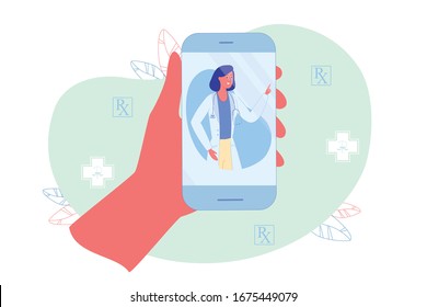 Erhalten Sie Therapeuten-Ratschläge durch Telefonanwendung. Patienten, die Smartphone in der Hand halten und online mit dem Arzt sprechen. Frau mit Stethoskop auf Neck erklärt dem Patienten, was zur Wiederherstellung getan werden muss.