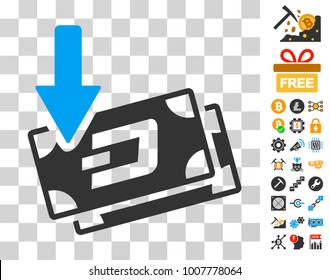 Get Arrow Dash Banknotes pictograph with bonus bitcoin mining and blockchain images. Vector illustration style is flat iconic symbols. Designed for blockchain software.