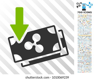 Get Arrow Ripple Banknotes pictograph with 7 hundred bonus bitcoin mining and blockchain icons. Vector illustration style is flat iconic symbols designed for crypto-currency apps.