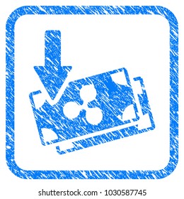 Get Arrow Ripple Banknotes rubber seal stamp watermark. Icon vector symbol with grunge design and dirty texture inside rounded frame. Scratched blue sign on a white background.