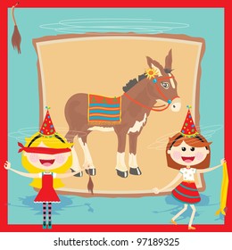 Get back to basics with this super cute Pin the tail on the donkey birthday party invitation. Retro inspired pin the tail on the donkey poster and two cute dizzy girls with blindfolds on the front.