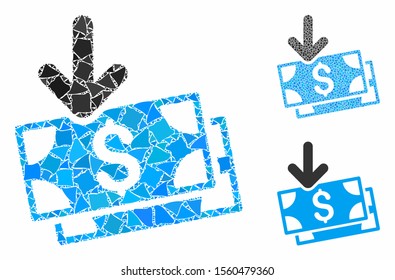 Get banknotes composition of inequal pieces in various sizes and shades, based on get banknotes icon. Vector joggly elements are composed into collage. Get banknotes icons collage with dotted pattern.