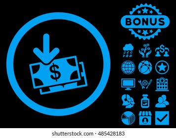 Get Banknotes icon with bonus design elements. Vector illustration style is flat iconic symbols, blue color, black background.