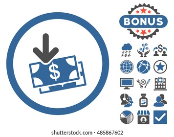 Get Banknotes icon with bonus design elements. Vector illustration style is flat iconic bicolor symbols, cobalt and gray colors, white background.