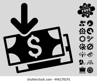 Get Banknotes icon with bonus tools graphic icons. Vector illustration style is flat iconic symbols, black color, light gray background.